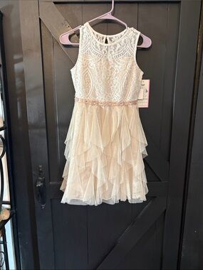 Rare Editions Ivory Lace Bodice Tiered Champagne Tulle Dress